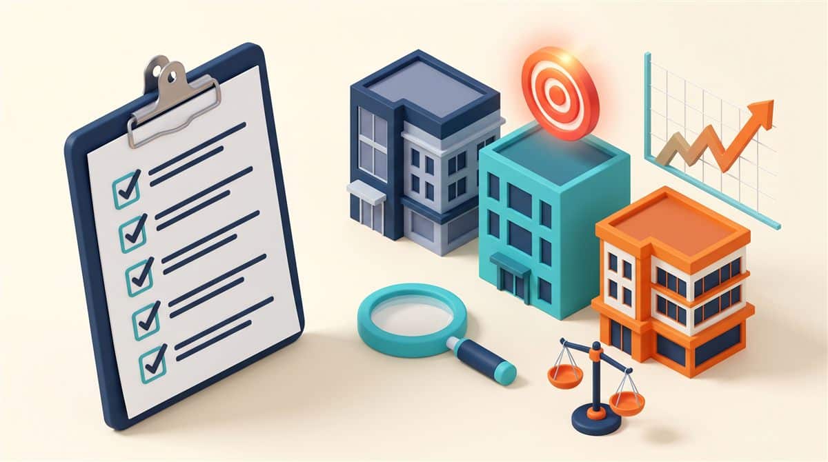 SEO ajansı nasıl seçilir: işaretlenmiş kontrol listesi panosu, üç farklı ofis binası, hedef işareti, büyüteç, terazi ve yükselen grafik illüstrasyonu