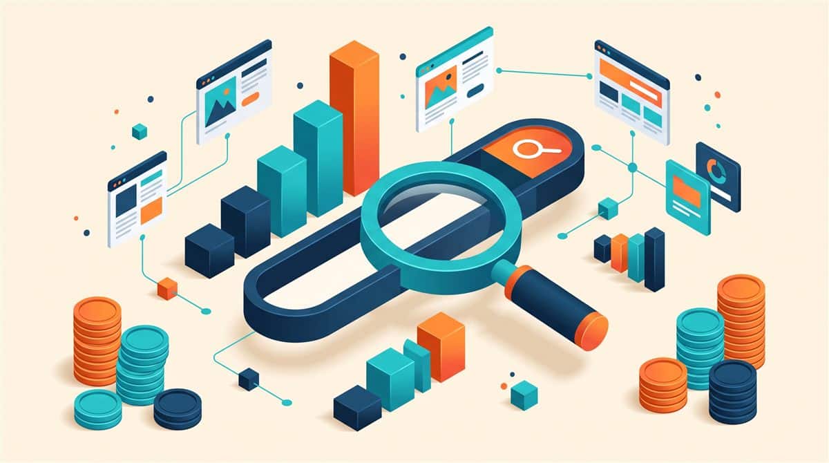 SEO fiyatları 2026 piyasa araştırması: arama çubuğu üzerinde büyüteç, yükselen sütun grafikler, bağlantılı web sayfası kartları ve madeni para yığınları illüstrasyonu