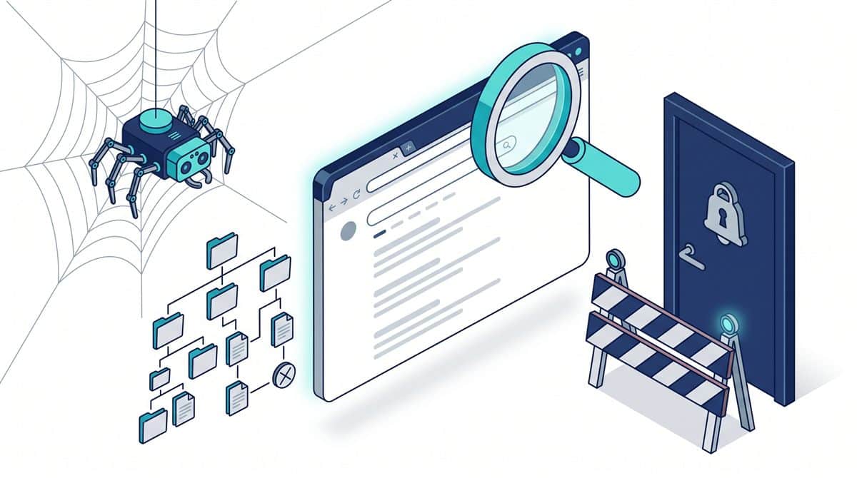 Sitem Google'da çıkmıyor: boş arama sonuçları, büyüteç, kapalı kapı engeli, tarama botu ve site haritasını gösteren illüstrasyon