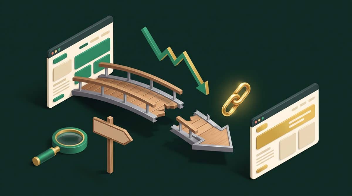 Site taşıma sonrası trafik düştü: eski ve yeni site arasında kopuk köprü, düşen grafik oku, yönlendirme tabelası ve büyüteç illüstrasyonu