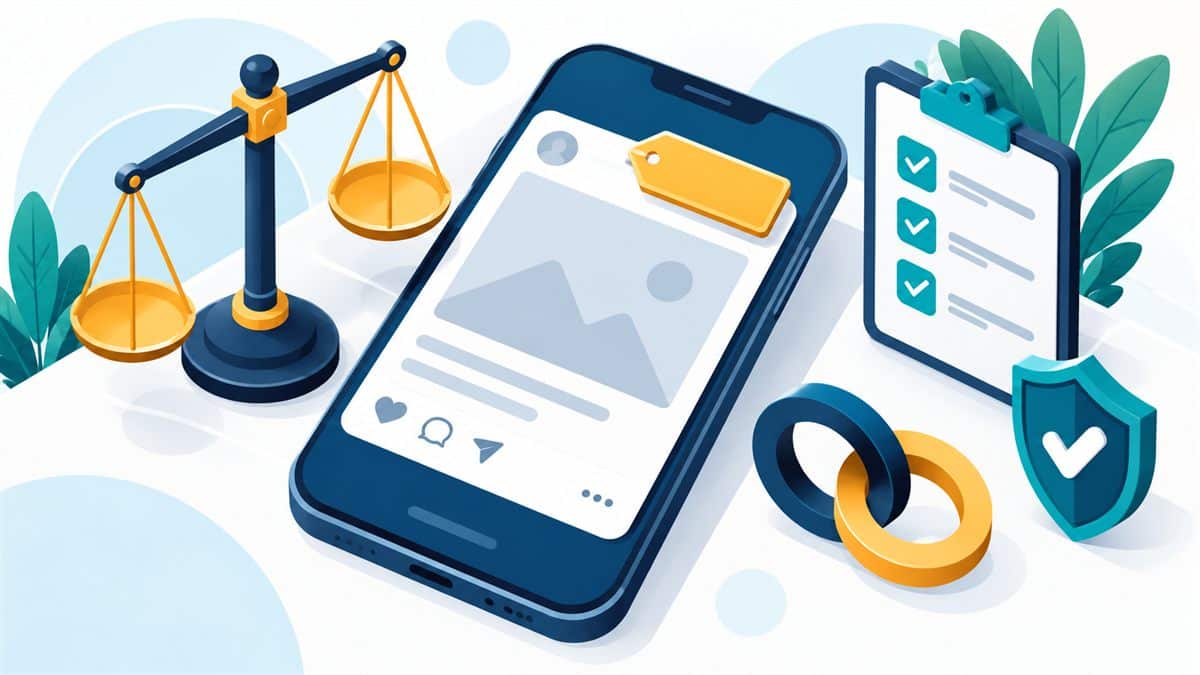 Is social media ad label mandatory: illustration showing label badge, scales, and checklist on sponsored post on phone