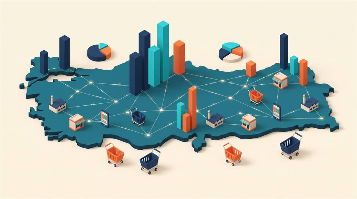 Türkiye dijital istatistikleri 2026: Türkiye haritası üzerinde yükselen sütun grafikler, pasta grafikler, ağ çizgileri, dükkân, fabrika ve alışveriş sepeti simgeleri