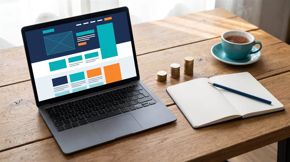 Web sitesi fiyatları 2026 piyasa araştırması: ahşap masada ekranında site taslağı açık dizüstü bilgisayar, farklı yükseklikte madeni para yığınları, boş defter ve çay