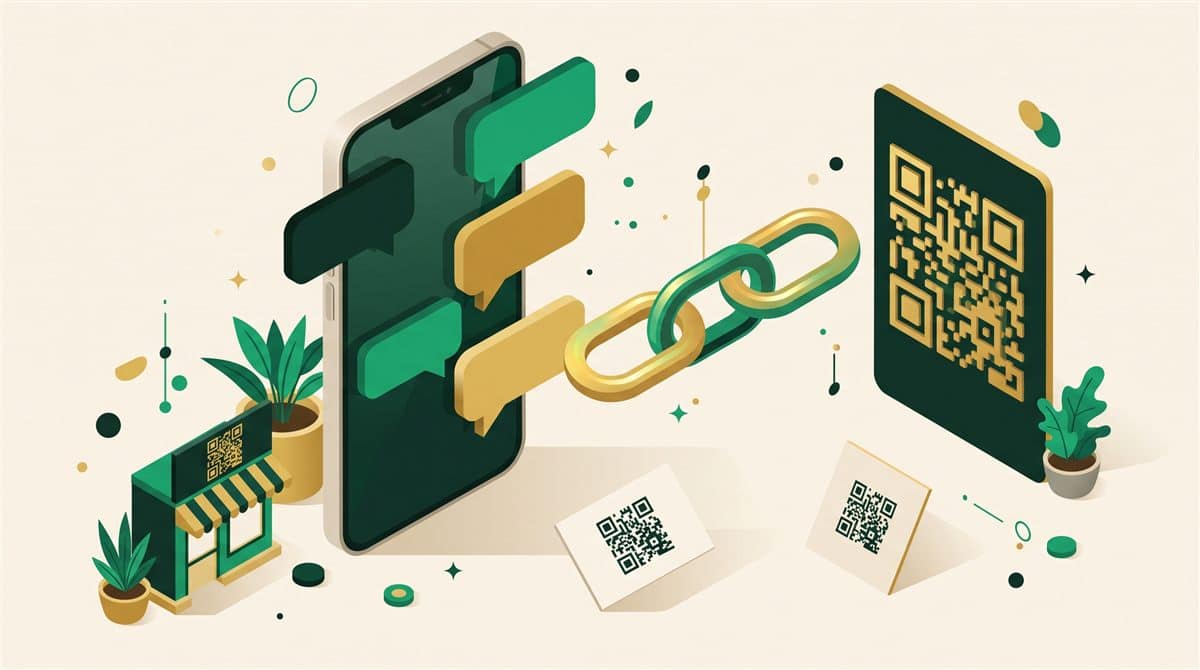 WhatsApp link generator: message bubbles, chain link icon, and QR code card on phone screen