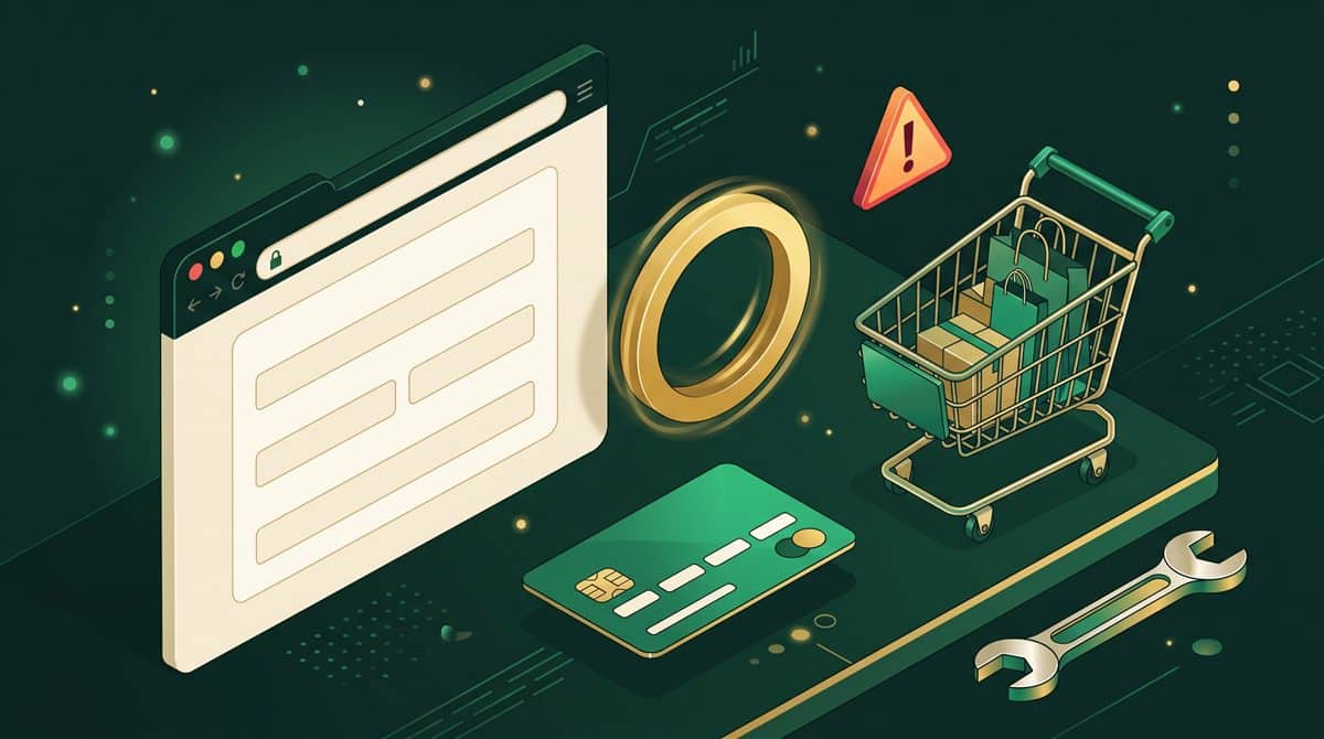 WooCommerce ödeme sayfası çalışmıyor: boş ödeme formu, takılı alışveriş sepeti, kredi kartı simgesi, yükleme halkası ve uyarı işareti illüstrasyonu