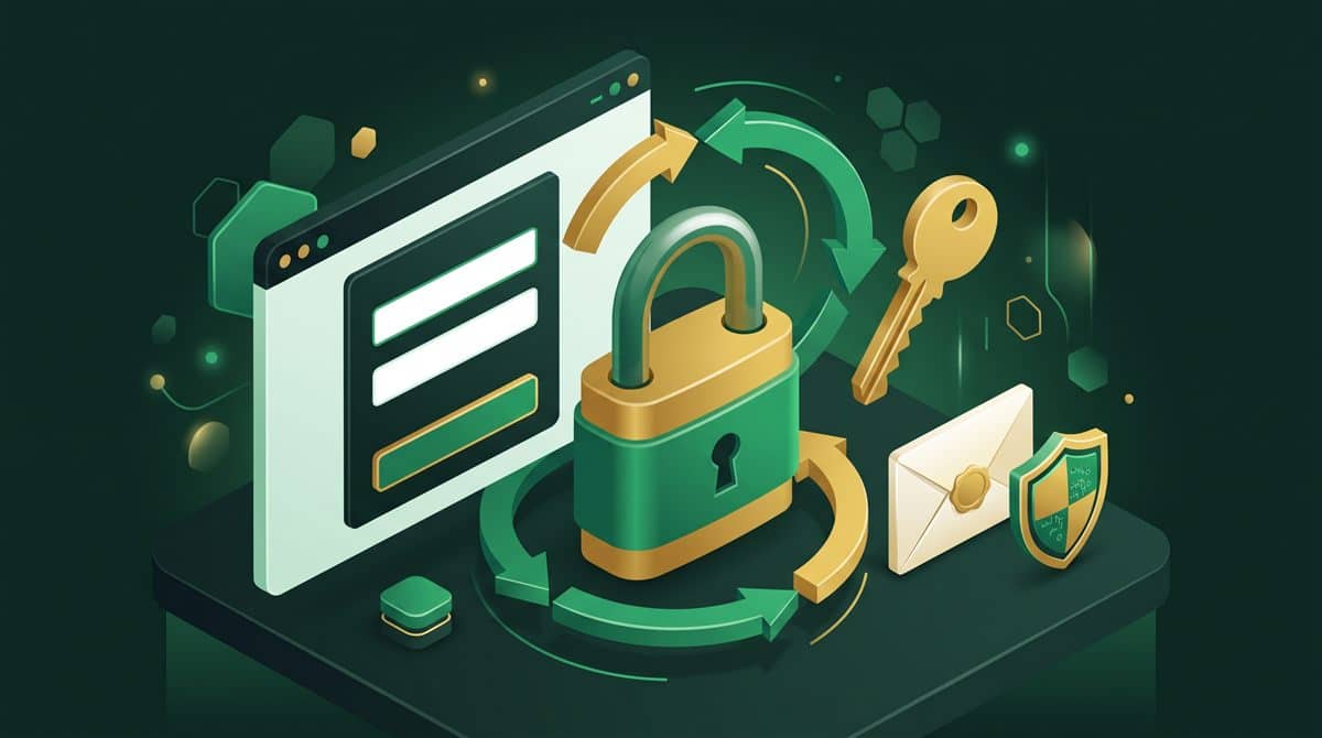 WordPress admin paneline giriş yapılamıyor: boş giriş formu, kilitli asma kilit, anahtar, yönlendirme döngüsü okları ve şifre sıfırlama zarfı illüstrasyonu