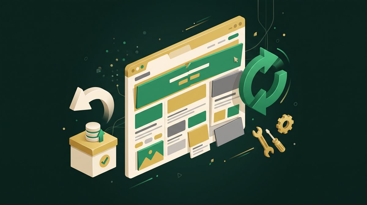 WordPress güncelleme sonrası site bozuldu: kaymış sayfa blokları, güncelleme oku, geri alma oku ve yedek kutusunu gösteren illüstrasyon