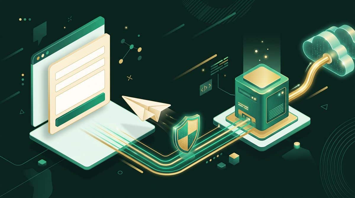 WordPress iletişim formu mail gitmiyor: formdan çıkan kağıt uçak e-posta, kalkan ve posta sunucusuna giden SMTP bağlantısı illüstrasyonu