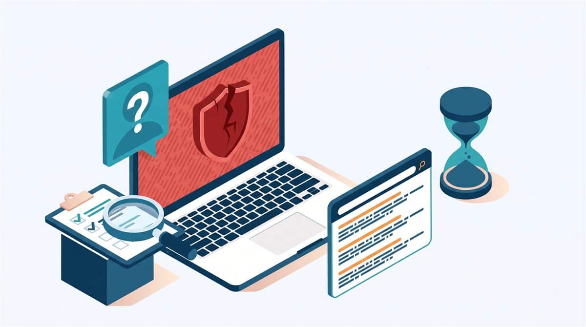 Site hacklendi mi nasıl anlaşılır: tarayıcı uyarısı, şüpheli arama sonuçları ve kontrol listesini gösteren illüstrasyon