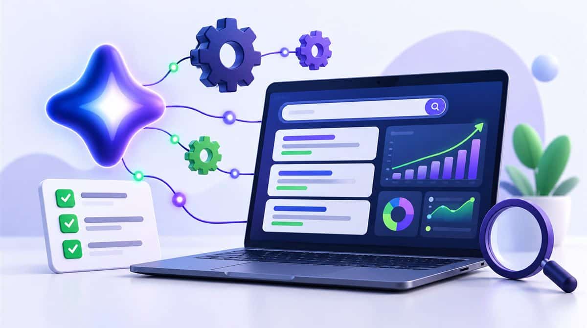SEO with artificial intelligence: search results and analysis graphs on laptop screen, AI assistant icon and checklist beside it
