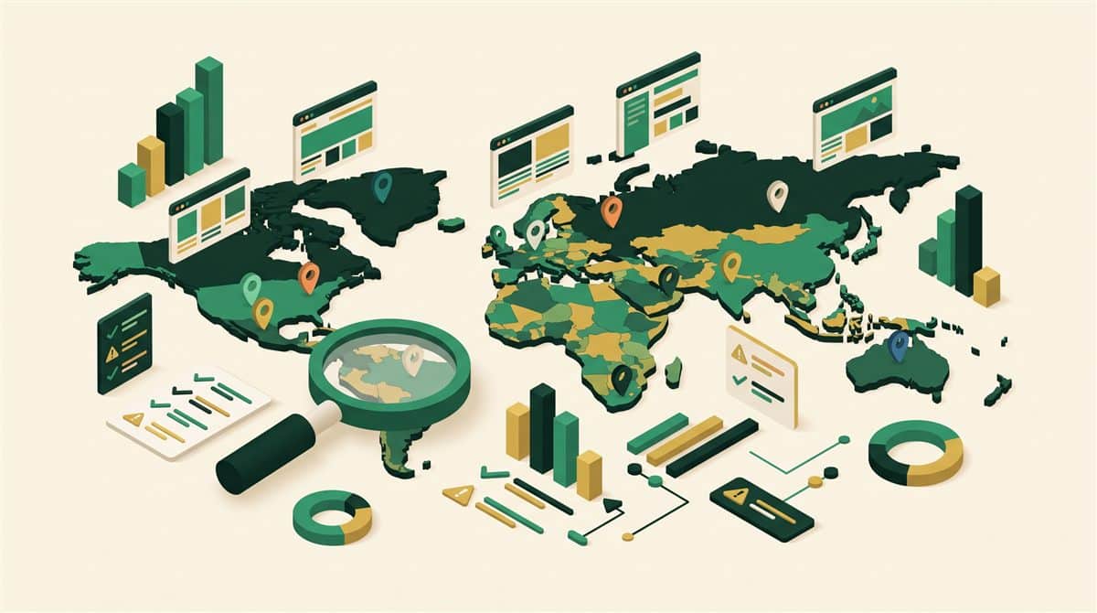 Local business website research 2026: city pins on map, website windows, magnifying glass, and graphs